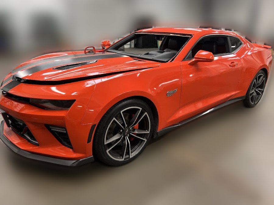 Orange Chevrolet Camaro SS in the South Texas Auto Glass shop in Corpus Christi, TX